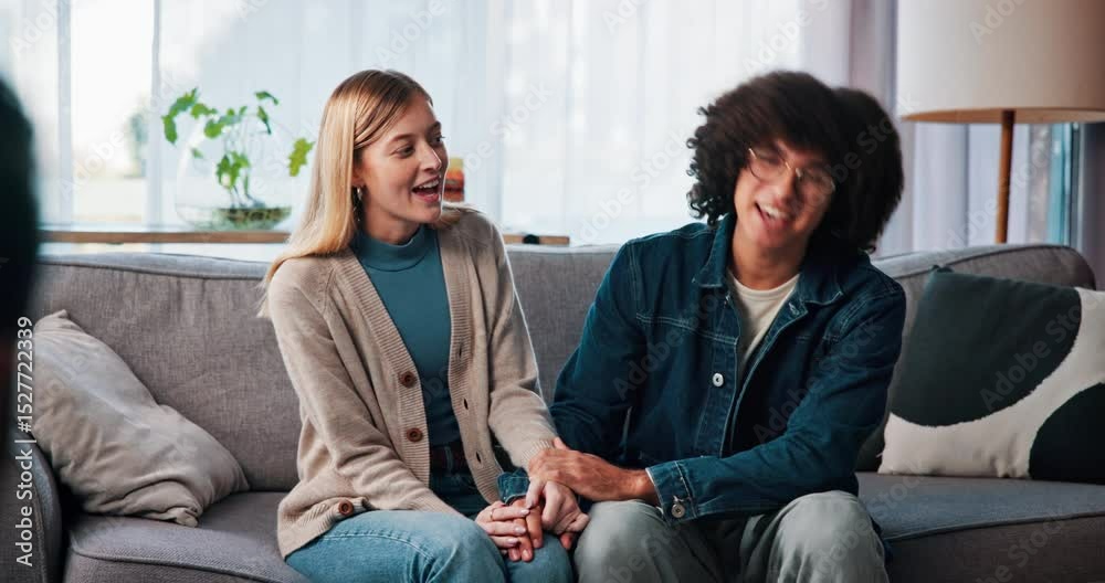 Couple, counseling and holding hands on sofa, therapist or service for pre marital course in office. Happy, man and woman with psychologist for communication skills, consultation and people on couch