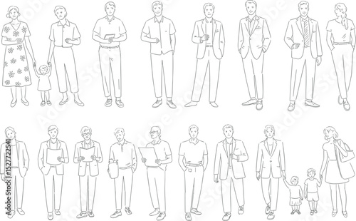 Professional and Casual Human Figure Line Art: 15 Diverse People Poses for Business and Lifestyle Design