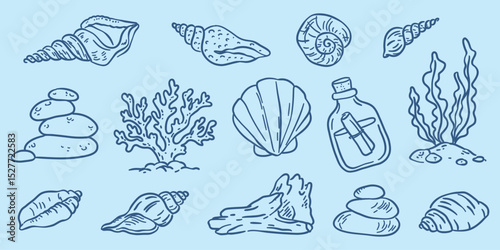 Hand drawn sea doodle set with shells, coral, seaweed, rocks, and bottle. Nautical vector sketch on light blue background