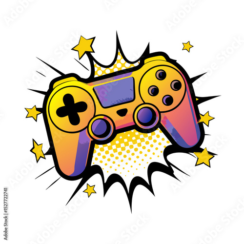 Colorful game controller in pop art style with comic book elements, Isolated vector image on transparent background
  