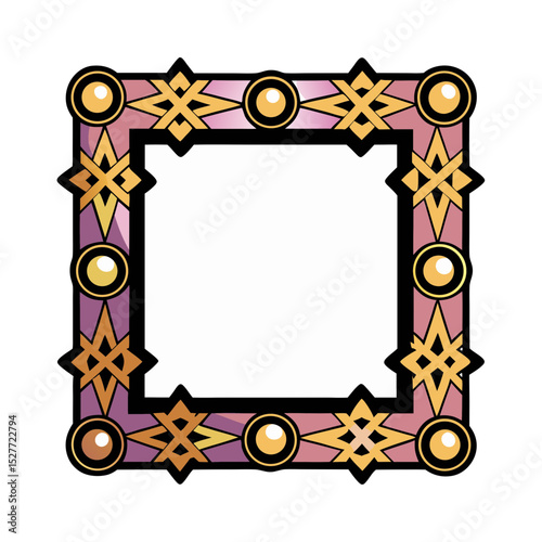 Geometric frame with decorative patterns in pink and gold colors, Isolated vector image on transparent background
  