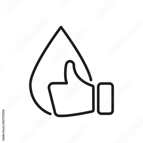 Thumbs Up With Water Drop Line Icon. Water Quality Approval And Hydration Endorsement Outline Symbol. Environmental And Health Safety. Editable Stroke. Isolated Vector Illustration