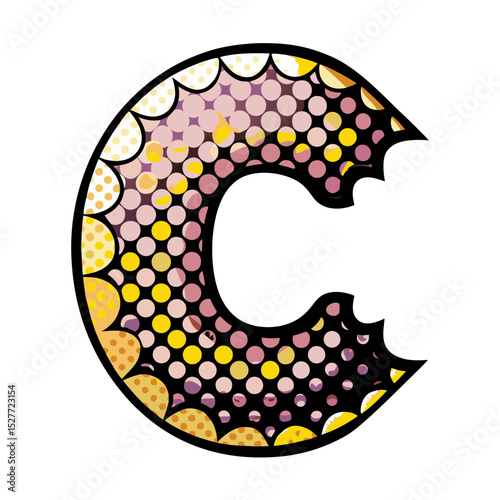 Comic book style letter C shaped like a bitten donut with halftone dots, Isolated vector image on transparent background