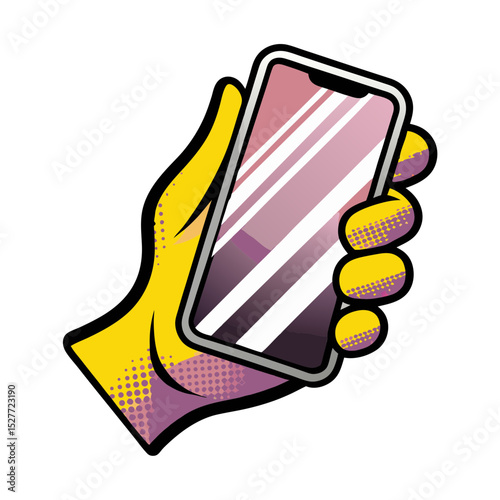 Hand holding smartphone in comic book style pop art illustration, Isolated vector image on transparent background  