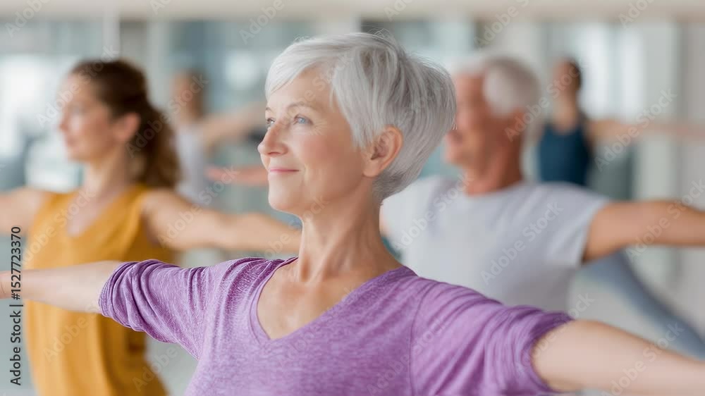 A senior woman with short white hair participates in a group fitness class, performing gentle exercises for healthy living and active aging. Video footage.