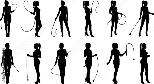 Young sexy woman standing with a whip. flat vector silhouette
