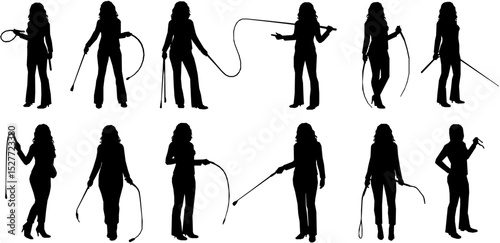 Young sexy woman standing with a whip. flat vector silhouette
