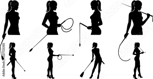 Young sexy woman standing with a whip. flat vector silhouette
