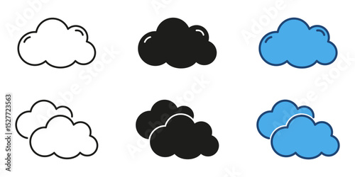 Cloud weather line and solid icon set. Illustrations of different cloud types with various weather conditions like rain and sun. Meteorology symbol collection. isolated vector illustration