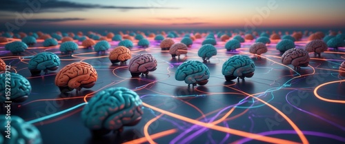 Multiple artificial brains connected by glowing neural networks on a futuristic surface at sunset