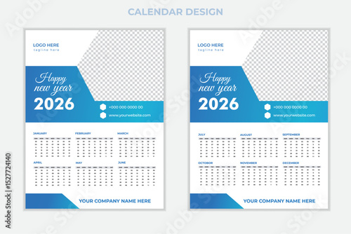 Unique modern colorful 2026 new year calendar design.New Calender design template 2026 vactor design desk calender12 month.Wall calendar design template for 2026, minimalist, clean, and elegant design