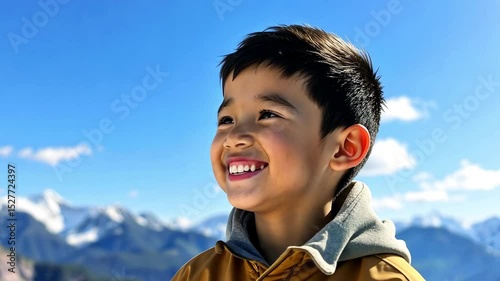 Smiling asian child on mountains background, boy having fun on hike, tourism, travel and kids camp concept