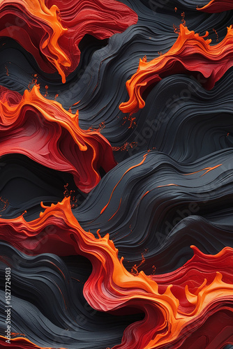 Abstract volcanic eruptions with molten lava fluid flowing through dark wavy structures