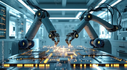 Futuristic laboratory with engineers working with gallium for next-generation electronics. Glowing circuit boards and robotic arms in a sterile environment. Realistic sci-fi style.