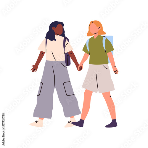 International friends go to school together. Cute girls with schoolbags walk. Students hold hands, carry rucksacks to the class. Happy kids with knapsacks. Flat isolated vector illustration on white