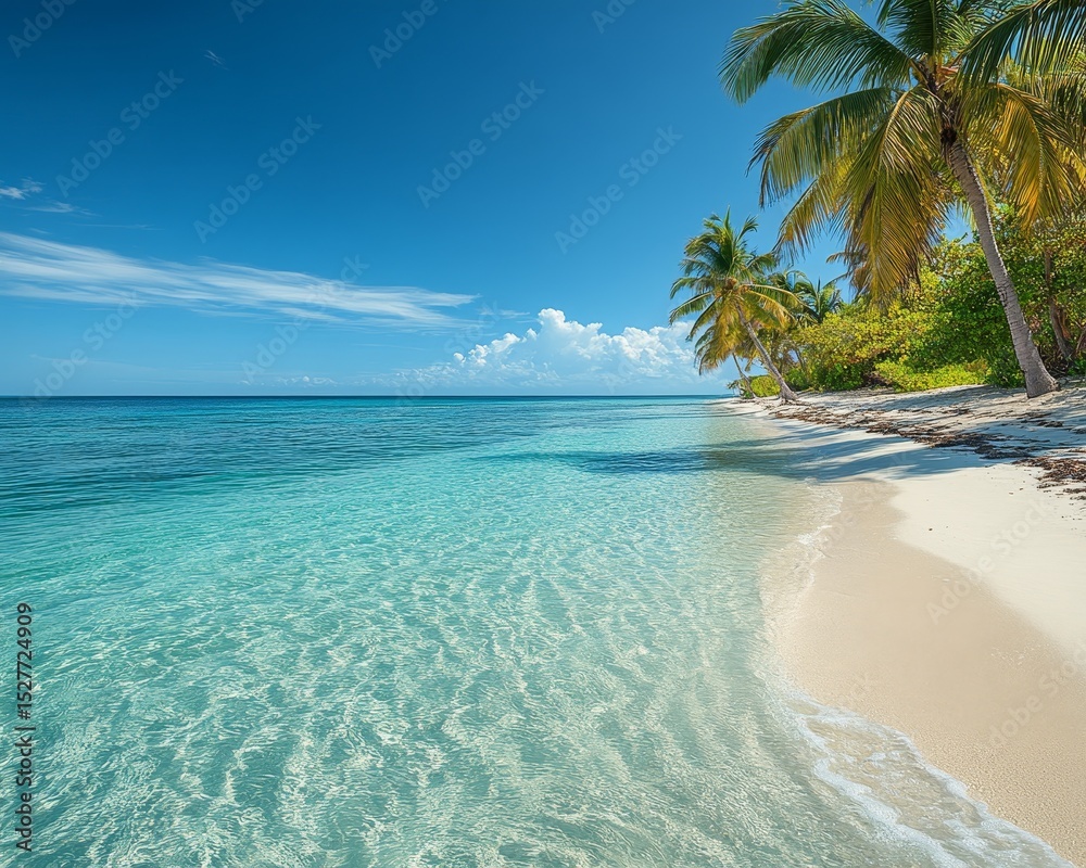 Fototapeta premium tranquil beach scene with crystal-clear waters and palm trees swaying in the breeze, Generative AI