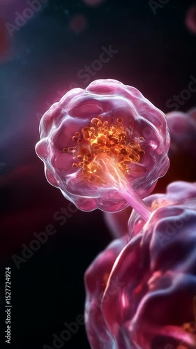 Detailed microscopic view of abnormal cell formation and development of possible human illness in purple colors for biology and science