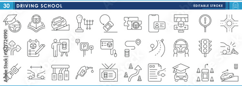 A set of line icons related to Driving School. Books, academy, car, learn, training, and so on. Vector editable stroke.