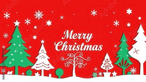 Modern paper cut style Christmas tree on bright red background. Minimalistic design is perfect for New Year cards and winter decor. Bright contrast and clean lines.