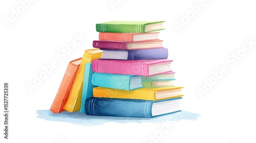 A vibrant stack of colorful books represents knowledge learning and imagination in this beautiful watercolor