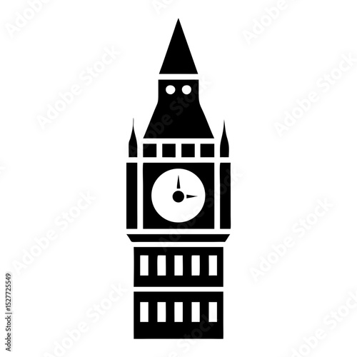 London landmark big ben clock tower icon.  Big ben illustration shows iconic england clock tower.  Simple big ben image perfect for travel guides, city maps, and tourism brochures.