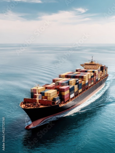 Large cargo ship transporting containers across peaceful ocean waters under clear blue sky