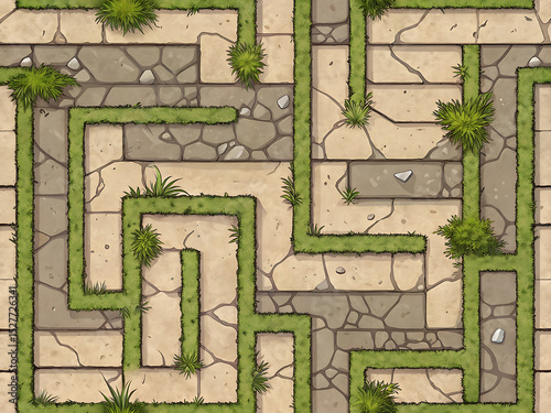 Cartoon Maze Floor with Worn Stone Tiles – Seamless Texture