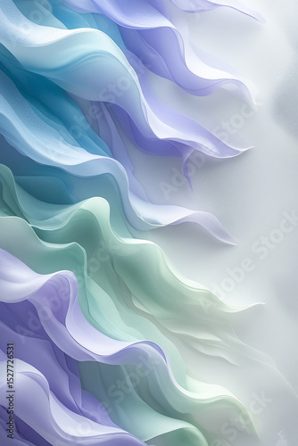 Abstract artistic composition of flowing silk in serene hues of blue green and lavender