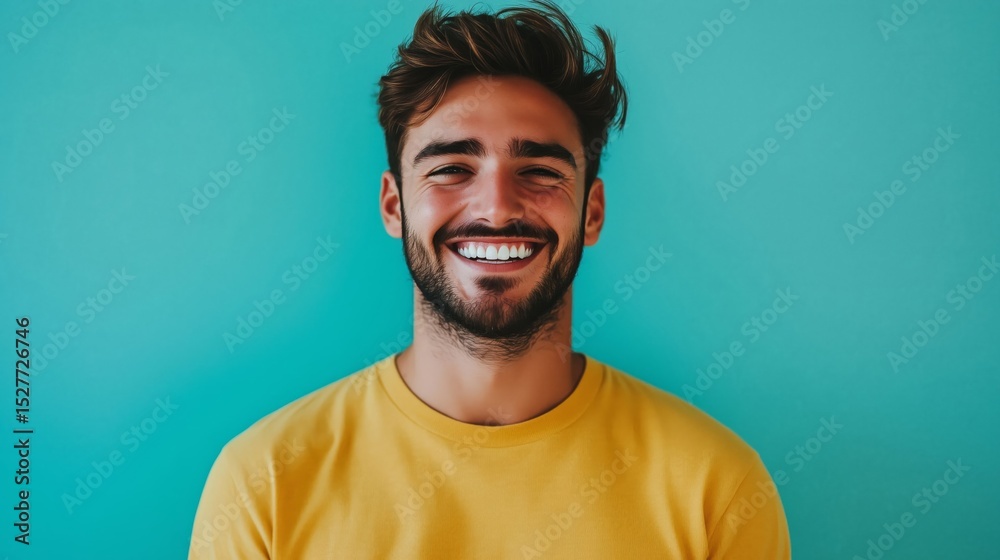 Obraz premium A happy young man with a broad smile and bright eyes against a turquoise background.