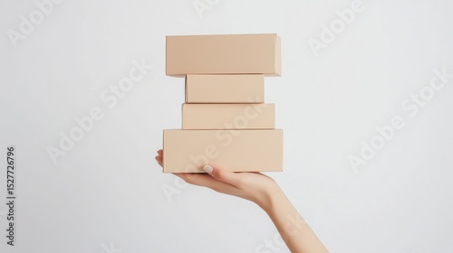 A neat stack of cardboard boxes is held on one hand, isolated on a light background.