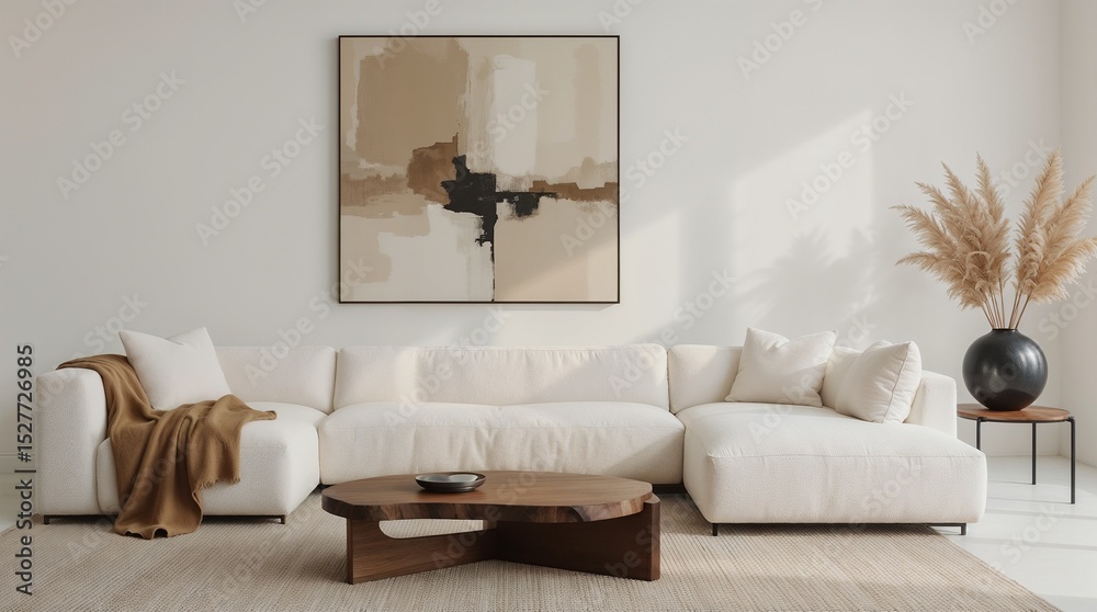 Fototapeta premium Contemporary living room with abstract art and neutral sectional sofa