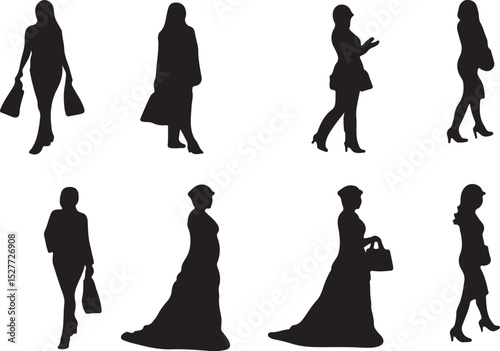 Woman hang a bag with different dresses vector silhouette