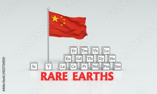Rare earth elements, periodic table elements and Chinese flag - 3D rendering on light gray background
