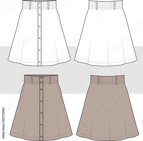 Women A-line button down mini skirt, fashion technical drawing, Illustration. Front and back view. Fashion Cad, Mockup set.