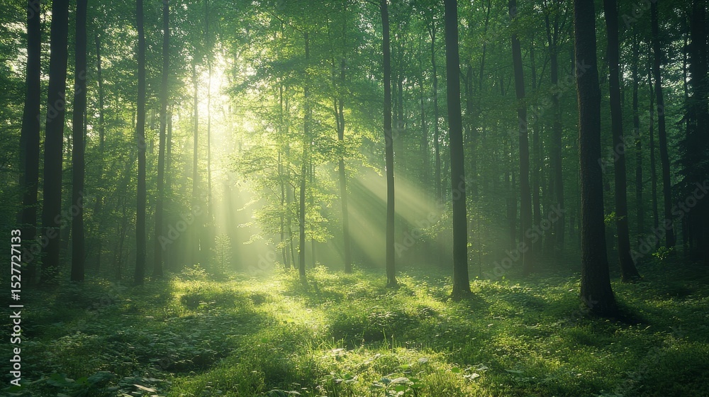 Fototapeta premium serene forest glade illuminated by soft morning light, Generative AI