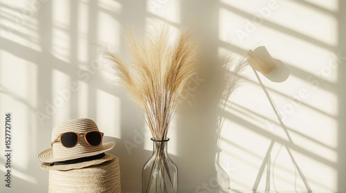 A boho-chic retro hat rests beside eco-friendly wooden eyewear, with decorative pampas grass in a faceted vase, while a minimalist tripod floor lamp illuminates the artistic setup on white