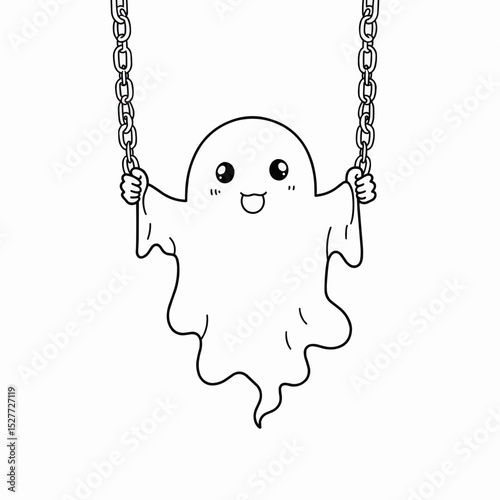 Coloring page, Playful ghost swinging on chains in a simple outline style  
