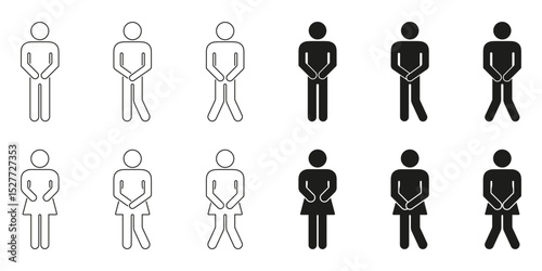 Male And Female Restroom Urgency Icon Set. Bathroom Emergency And Urinary Urgency Outline And Silhouette Symbol Collection. Gender-Specific Restroom Signage. Isolated Vector Illustration