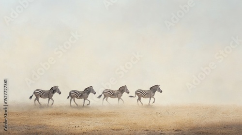 Four zebras running across a dusty plain