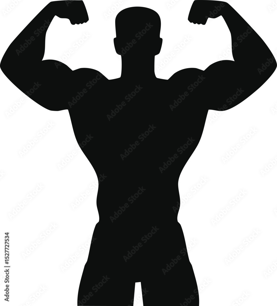 Fototapeta premium Vector Strong Man Silhouette Displaying Muscles with Raised Arms in Bold High-Contrast Graphic Style
