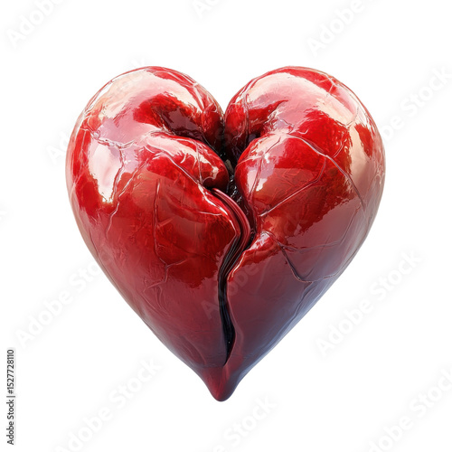 Damaged red heart symbolizing heartbreak and loss on a black background on transparent background