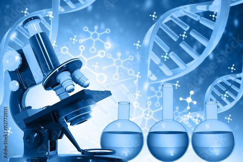 Microscope on abstract scientific background. 3d illustration..