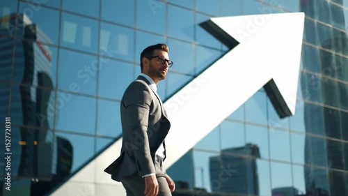 Onwards and Upwards, Path to Success, Man Walking on Arrow, Career Growth and Success. Businessman walking on the road