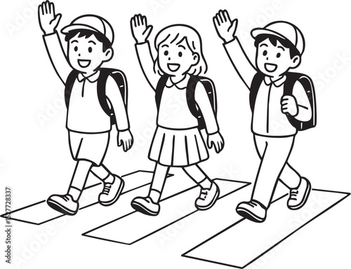 横断歩道を渡る子供たちのアイコンイラスト