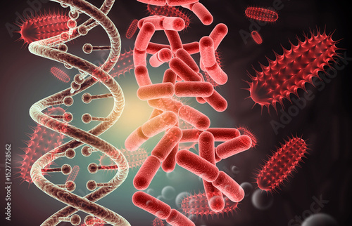 DNA strand with virus bacteria on scientific background. 3d illustration.