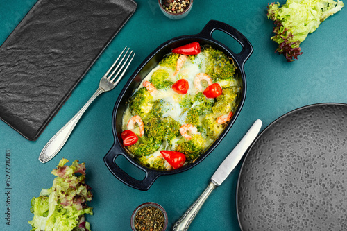 Freshly baked broccoli and prawns.