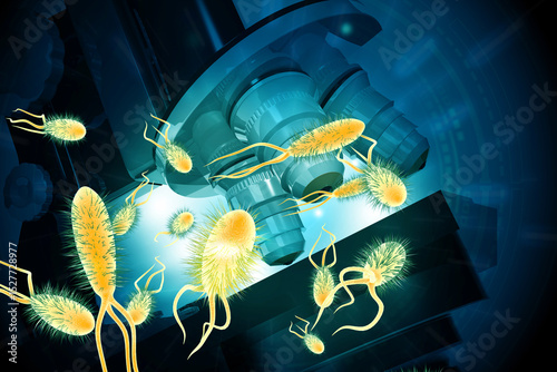 Microscope with bacteria on scientific background. 3d illustration.