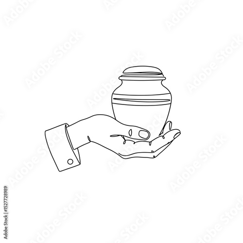 Hand holding cremation urn, single line drawing for funeral farewell