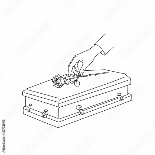  Hand placing rose on coffin, single line drawing for funeral farewell