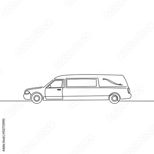 Funeral hearse side view, linear outline for memorial and burial services